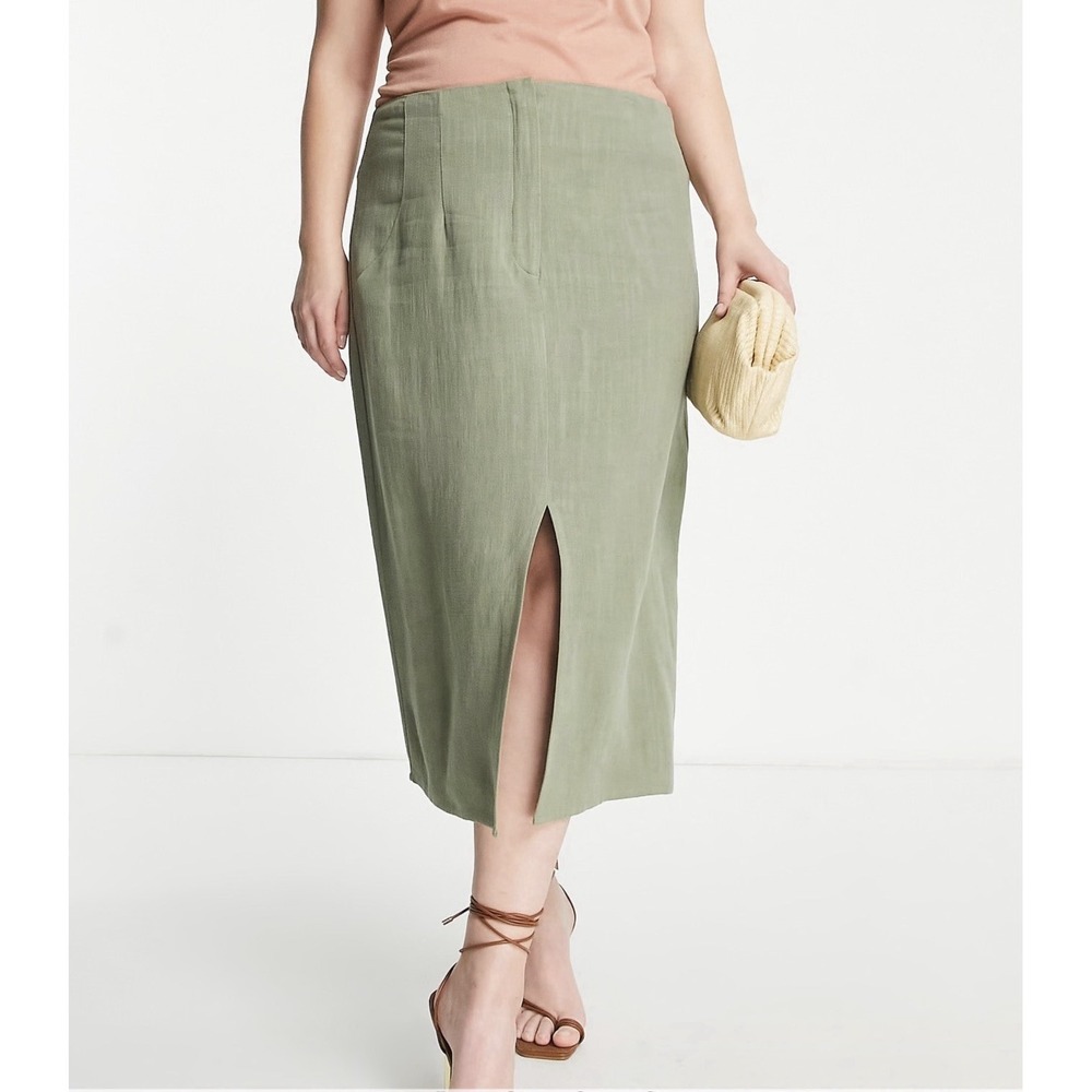 ASOS DESIGN Curve Olive Green Linen Blend Midi Pencil Skirt Slit Women's US 16